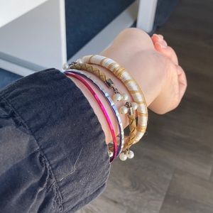 Lot Of 5 Vintage Braided Leather Pearl Sterling Silver Bangle Bracelets
